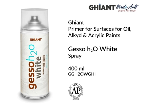 Ghiant Gesso White H2O Spray 400 ml for oil &amp; acrylic painting, gesso białe H2O w aerozolu Ghiant Waterbased Primer, Ghiant  gesso białe H2O w aerozolu, gesso białe w aerozolu Ghiant, Ghiant podkład H2O w sprayu, gesso, podkład biały,