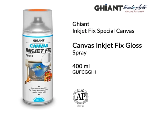 Ghiant Ink-Jet Fix Canvas Gloss Spray 400 ml protect inkjet inks, werniks błyszczący Ghiant  Inkjet Fix Canvas Gloss Spray, Ghiant Inkjet Fix Canvas Gloss Spray werniks błyszczący do wydruków na tkaninach, canvas, druk, ochrona, werniks, drukarka, Ghiant,
