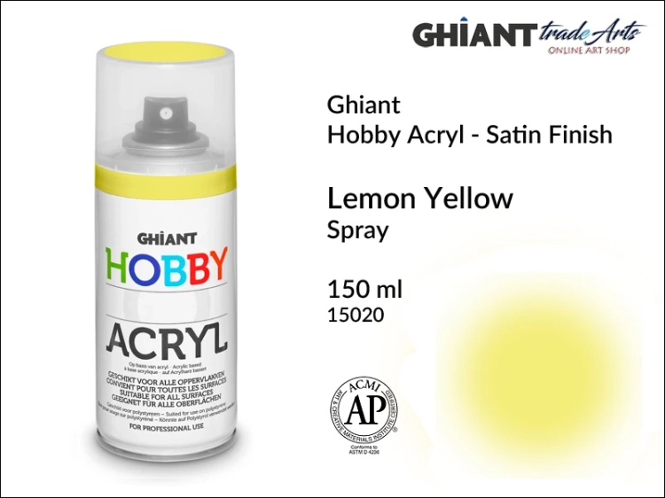 Ghiant Hobby Acryl Spray 150 ml - Lemon Yellow 15020, farba akrylowa w sprayu Lemon Yellow 15020 Ghiant Hobby Acryl, Ghiant Hobby Acryl farba akrylowa w sprayu Lemon Yellow 15020, farby akrylowe w sprayu, farby akrylowe w aerozolu, farby akrylowe, Ghiant,