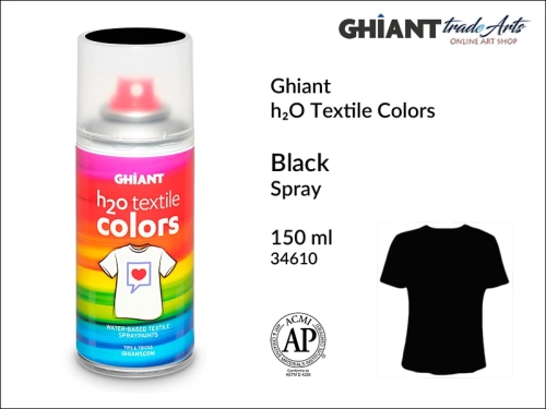 Ghiant h₂O Textile Colors Spray 150 ml - Black 34610,  farba do tkanin wodna Black 34610 Ghiant Textile Colors Spray, Ghiant Textile Colors farby wodne w sprayu do tkanin, Black 34610 Ghiant Textile farba wodna w sprayu, farby do tkanin, Ghiant,