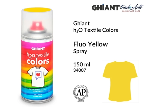 Ghiant h₂O Textile Colors Spray 150 ml - Fluo Yellow 34007, farba do tkanin wodna Fluo Yellow 34007 Ghiant Textile Colors Spray, Ghiant Textile Colors farby wodne w sprayu do tkanin, Fluo Yellow 34007 Ghiant Textile farba wodna w sprayu, farby,