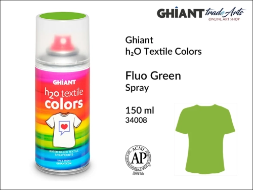 Ghiant h₂O Textile Colors Spray 150 ml - Fluo Green 34008, farba do tkanin wodna Fluo Green 34008 Ghiant Textile Colors Spray, Ghiant Textile Colors farby wodne w sprayu do tkanin, Fluo Green 34008 Ghiant Textile farba wodna w sprayu, farby do tkanin,