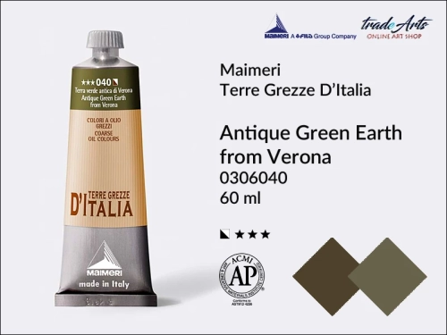 Maimeri Oil Terre Grezze d'Italia - Antique Green Earth from Verona 040, farba olejna Antique Green Earth 040 tuba 60 ml, Maimeri farba olejna Terre Grezze Antique Green Earth 040, farby olejne ziemie włoskie, farby olejne  Maimeri Terre Grezze,