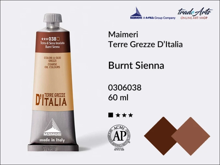 Maimeri Oil Terre Grezze d'Italia - Burnt Sienna 038, farba olejna Burnt Sienna 038 tuba 60 ml, Maimeri farba olejna Terre Grezze Burnt Sienna 038, farby olejne ziemie włoskie, farby olejne  Maimeri Terre Grezze,