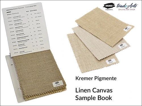 Wzornik płócien malarskich Kremer-Pigmente, Kremer-Pigmente wzornik płócien malarskich lnianych, wzornik płocien malarskich dublażowych Kremer-Pigmente, Linen Canvas Sample Book Kremer-Pigmente, płótna malarskie,