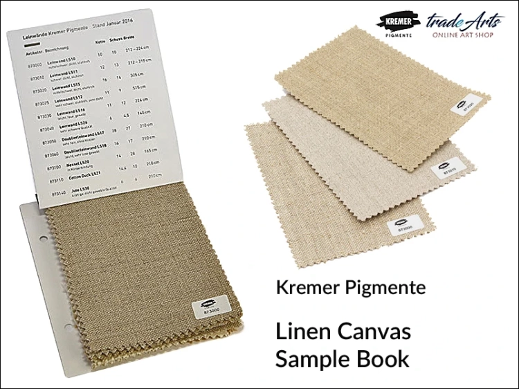 Wzornik płócien malarskich Kremer-Pigmente, Kremer-Pigmente wzornik płócien malarskich lnianych, wzornik płocien malarskich dublażowych Kremer-Pigmente, Linen Canvas Sample Book Kremer-Pigmente, płótna malarskie,