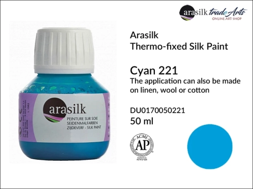 Arasilk Thermo-fixed Silk Paint 50 ml Cyan 221, farba do jedwabiu Cyan 221 Dupont Arasilk, Dupont Arasilk - farba do jedwabiu Cyan 221, farba do zdobienia jedwabiu, zdobienie jedwabiu, farby do jedwabiu, Arasilk, Dupont,