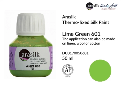 Arasilk Thermo-fixed Silk Paint 50 ml Lime Green 601, farba do jedwabiu Lime Green 601 Dupont Arasilk, Dupont Arasilk - farba do jedwabiu Lime Green 601, farba do zdobienia jedwabiu, zdobienie jedwabiu, farby do jedwabiu, Arasilk, Dupont,
