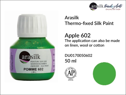 Arasilk Thermo-fixed Silk Paint 50 ml Apple Green 602, farba do jedwabiu Apple Green 602 Dupont Arasilk, Dupont Arasilk - farba do jedwabiu Apple Green 602, farba do zdobienia jedwabiu, zdobienie jedwabiu, farby do jedwabiu, Arasilk, Dupont,