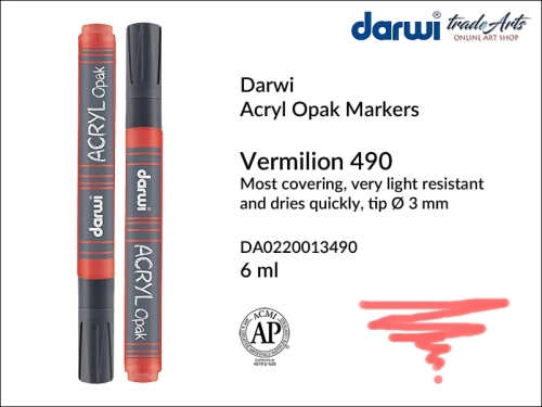 Darwi Acryl Opak Marker Vermilion 490, marker akrylowy Vermilion 490 Darwi Acryl Opak, pisak akrylowy kryjący Vermilion 490 Darwi Acryl Opak, farba akrylowa kryjąca w pisaku, pisaki akrylowe, markery, pisaki, Darwi,