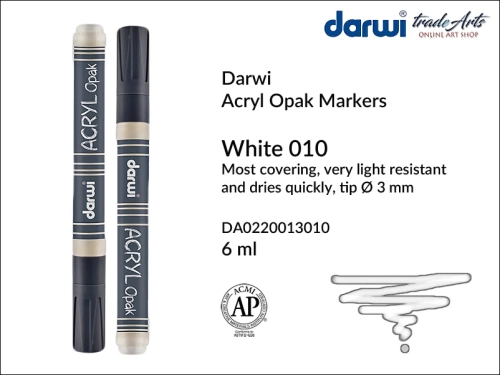 Darwi Acryl Opak Marker White 010, marker akrylowy White 010 Darwi Acryl Opak, pisak akrylowy kryjący White 010 Darwi Acryl Opak, farba akrylowa kryjąca w pisaku, pisaki akrylowe, markery, pisaki, Darwi,
