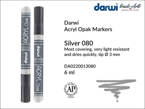 Darwi Acryl Opak Marker Silver 080, marker akrylowy Silver 080 Darwi Acryl Opak, pisak akrylowy kryjący Silver 080 Darwi Acryl Opak, farba akrylowa kryjąca w pisaku, pisaki akrylowe, markery, pisaki, Darwi,