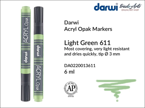 Darwi Acryl Opak Marker Light Green 611, marker akrylowy Light Green 611 Darwi Acryl Opak, pisak akrylowy kryjący Light Green 611 Darwi Acryl Opak, farba akrylowa kryjąca w pisaku, pisaki akrylowe, markery, pisaki, Darwi,