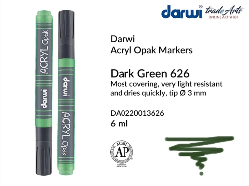 Darwi Acryl Opak Marker Dark Green 626, marker akrylowy Dark Green 626 Darwi Acryl Opak, pisak akrylowy kryjący Dark Green 626 Darwi Acryl Opak, farba akrylowa kryjąca w pisaku, pisaki akrylowe, markery, pisaki, Darwi,