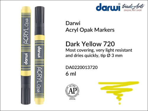 Darwi Acryl Opak Marker Dark Yellow 720, marker akrylowy Dark Yellow 720 Darwi Acryl Opak, pisak akrylowy kryjący Dark Yellow 720 Darwi Acryl Opak, farba akrylowa kryjąca w pisaku, pisaki akrylowe, markery, pisaki, Darwi,