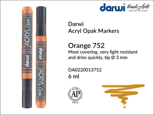 Darwi Acryl Opak Marker Orange 752, marker akrylowy Orange 752 Darwi Acryl Opak, pisak akrylowy kryjący Orange 752 Darwi Acryl Opak, farba akrylowa kryjąca w pisaku, pisaki akrylowe, markery, pisaki, Darwi,
