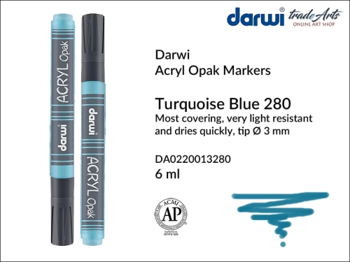 Darwi Acryl Opak Marker Turquoise Blue 280, marker akrylowy Turquoise Blue 280 Darwi Acryl Opak, pisak akrylowy kryjący Turquoise Blue 280 Darwi Acryl Opak, farba akrylowa kryjąca w pisaku, pisaki akrylowe, markery, pisaki, Darwi,