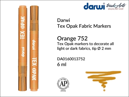 Darwi Tex Opak Marker Orange 752, pisak do tkanin Orange 752 Darwi Tex Opak, Darwi Tex Opak - marker do zdobienia tkanin, marker do zdobienia tkanin Darwi Tex Opak, markery do tkanin, pisaki do tkanin, Darwi Tex Opak,