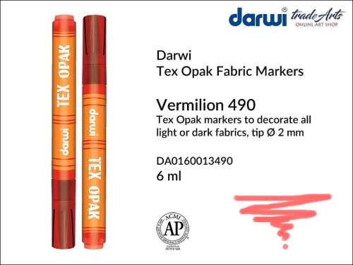 Darwi Tex Opak Marker Vermilion 490, pisak do tkanin Vermilion 490 Darwi Tex Opak, Darwi Tex Opak - marker do zdobienia tkanin, marker do zdobienia tkanin Darwi Tex Opak, markery do tkanin, pisaki do tkanin, Darwi Tex Opak,