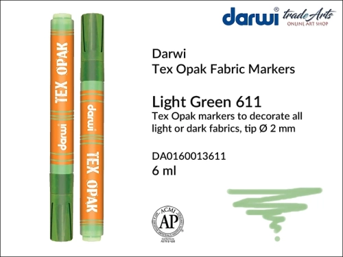 Darwi Tex Opak Marker Light Green 611, pisak do tkanin Light Green 611 Darwi Tex Opak, Darwi Tex Opak - marker do zdobienia tkanin, marker do zdobienia tkanin Darwi Tex Opak, markery do tkanin, pisaki do tkanin, Darwi Tex Opak,