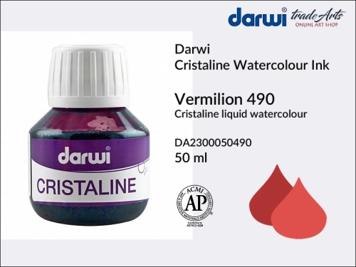 Darwi Cristaline Watercolour Ink Vermilion 490, akwarela w płynie Vermilion 490 Darwi Cristaline, Darwi Cristaline - tusz akwarela w płynie,  tusz kaligraficzny, tusz rysunkowy, płynna akwarela, akwarela,  Darwi Cristaline,