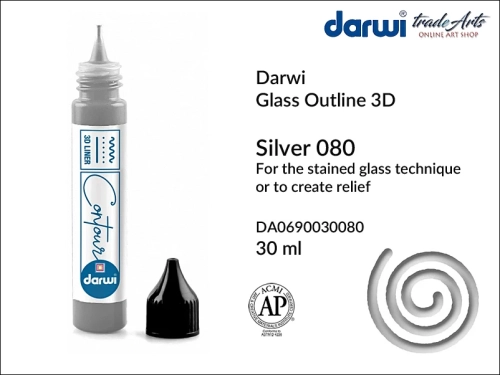Darwi Glass Outline Silver 080, konturówka do szkła i ceramiki Silver 080 Darwi Glass Outline, Darwi Glass Outline konturówka do ceramiki i szkła, konturówka do szkła, relief do szkła, zdobienie ceramiki, witraż, ozdabianie.