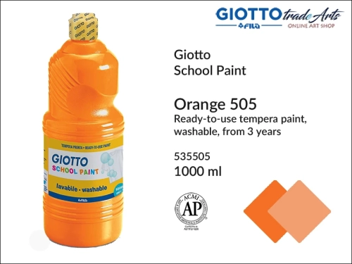 Giotto Tempera School Paint Orange 505 1000 ml, farba tempera Orange 505 1000 ml Giotto School Paint, Giotto School Paint  tempera szkolna pomarańczowa 1000 ml, farba tempera, tempery, farba plakatowa, farba gwaszowa, Giotto,