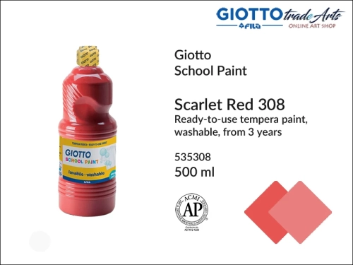 Giotto Tempera School Paint Scarlet Red 308 500 ml, farba tempera Scarlet Red 308 500 ml Giotto School Paint, Giotto School Paint  tempera szkolna szkarłat 500 ml, farba tempera, tempery, farba plakatowa, farba gwaszowa, Giotto,