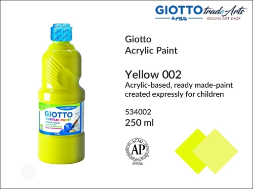 Giotto Acrylic Paint Yellow 002 250 ml, Giotto Acrylic Paint farba akrylowa Yellow 002 250 ml, farba akrylowa żółta 250 ml Giotto Acrylic Paint, farba akrylowa szkolna Giotto, farba akrylowa, farba, akryle, szkoła,