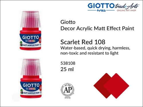 Giotto Decor Acrylic Matt Scarlet Red 108 25 ml, farba akrylowa matowa Scarlet Red 108 but. 25 ml Giotto Decor, Giotto Decor farba akrylowa matowa Scarlet Red 108 but. 25 ml, farba akrylowa modelarska Giotto, akryle, farba akrylowa matowa,