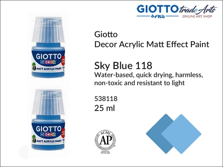 Giotto Decor Acrylic Matt Sky Blue 118 25 ml, farba akrylowa matowa Sky Blue 118 but. 25 ml Giotto Decor, Giotto Decor farba akrylowa matowa Sky Blue 118 but. 25 ml, farba akrylowa modelarska Giotto, akryle, farba akrylowa matowa,