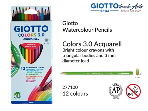 Giotto  Colors 3.0 Acquarell Set 12 pcs., kredki drewniane akwarelowe kpl. 12 szt. Giotto Colors 3.0, Giotto Colors 3.0 kredki akwarelowe drewniane kpl. 12 szt., kredki ołówkowe akwarelowe, kredki drewniane, kredki, szkoła, rysowanie, kolory,