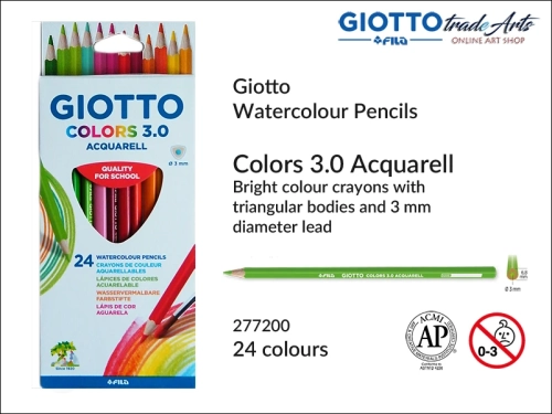 Giotto  Colors 3.0 Acquarell Set 24 pcs., kredki drewniane akwarelowe kpl. 24 szt. Giotto Colors 3.0, Giotto Colors 3.0 kredki akwarelowe drewniane kpl. 24 szt., kredki ołówkowe akwarelowe, kredki drewniane, kredki, szkoła, rysowanie, kolory,