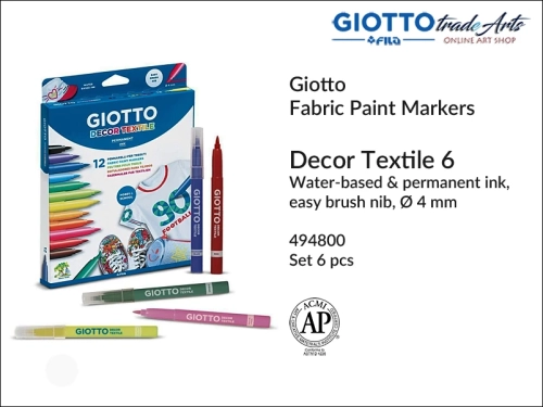 Giotto Decor Textile Markers 6 pcs, markery kolorowe do tkanin 
 6 szt. Giotto Decor Textile, pisaki kolorowe do tkanin 6 szt.  Giotto Decor Textile, Giotto Decor Textile - markery kolorowe do tkanin, markery do tkanin, pisaki, Giotto Textile,