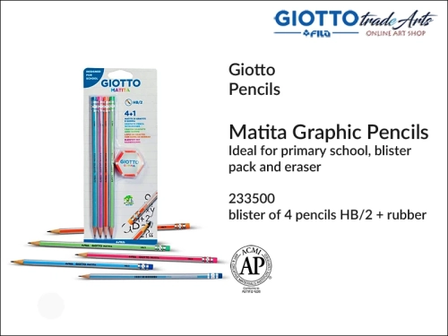 Giotto Matita Graphic Pencils Set 4 pcs + eraser, komplet ołówków szkolnych 4 szt. + gumka Giotto Matita, Giotto Matita ołówki szkolne zestaw 4 szt. na blistrze + gumka, ołówki szkolne 2HB Giotto Matita, ołówki, szkoła, ołówki z gumką,