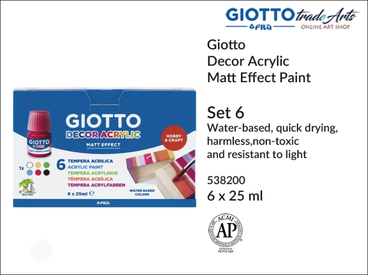 Giotto Decor Acrylic Matt Set 6 x25 ml, farba akrylowa matowa zestaw 6x25 ml Giotto Decor, Giotto Decor farba akrylowa matowa kpl. 6x25 ml, farba akrylowa modelarska Giotto, akryle, farba akrylowa matowa, zestawy farb,