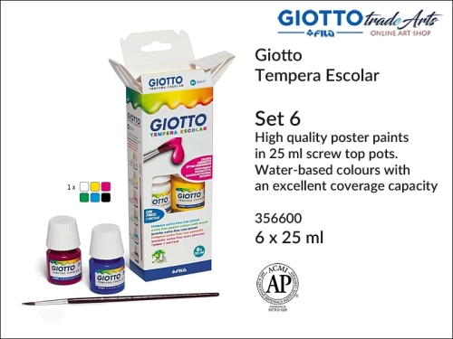 Giotto Tempera Escolar Set 6x25 ml, komplet farb plakatowych  6x25 ml Giotto Tempera Escolar, zestaw farb temperowych 6x25 ml Giotto Tempera Escolar, farby temperowe Giotto Escolar, farby plakatowe Giotto Escolar, farby szkolne,
