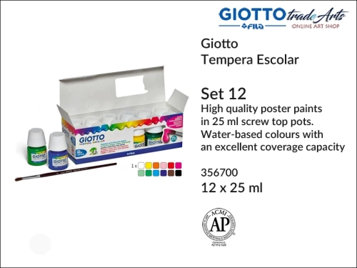 Giotto Tempera Escolar Set 12x25 ml, komplet farb plakatowych  12x25 ml Giotto Tempera Escolar, zestaw farb temperowych 12x25  ml Giotto Tempera Escolar, farby temperowe Giotto Escolar, farby plakatowe Giotto Escolar, farby szkolne,