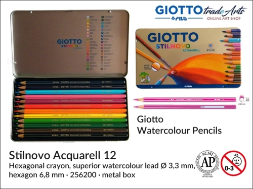 Giotto Stilnovo Acquarell  Metal Box Set 12 pcs, kredki akwarelowe Stilnovo Acquarell Metal Box 12 szt., Giotto Stilnovo Acquarell kredki akwarelowe Metal Box 12 szt., kredki, kredki akwarelowe, ołówki akwarelowe, pastele akwarelowe, Giotto,