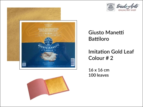 Imitation Gold Leaf Manetti 16x16 cm Colour 2 100 leaves, imitacja płatków złota Manetti 16x16cm #2, szlagmetal złoto #2 16x16 cm 100 płatków, szlagmetal złoto #2, imitacja płatków złota Manetti,  blister szlagmetal Giusto Manetti,