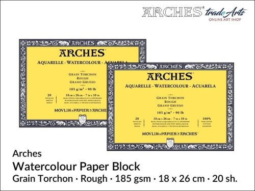Blok akwarelowy Arches Aquarelle  Rough 185 gsm 18x26 cm,  Arches Watercolour Block Grain Torchon Rough 185 gsm 18x26 cm,  Arches Aquarelle Block Rough 18x26 cm, blok akwarelowy prasowany na zimno Arches, bloki akwarelowe, Arches,