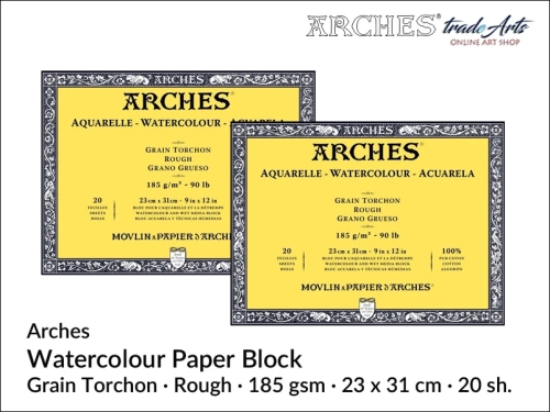Blok akwarelowy Arches Aquarelle  Rough 185 gsm 23x31 cm,  Arches Watercolour Block Grain Torchon Rough 185 gsm 23x31 cm,  Arches Aquarelle Block Rough 23x31 cm, blok akwarelowy prasowany na zimno Arches, bloki akwarelowe, Arches,