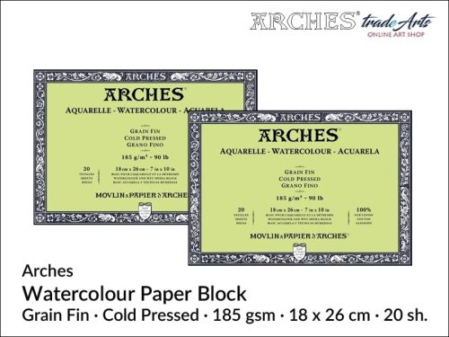 Blok akwarelowy Arches Aquarelle Cold Pressed 185 gsm 18x26cm,  Arches Watercolour Block Cold Pressed 185 gsm 18x26 cm,  Arches Aquarelle Block CP 18x26 cm, blok akwarelowy prasowany na zimno Arches, bloki akwarelowe, Arches,
