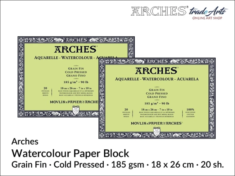 Blok akwarelowy Arches Aquarelle Cold Pressed 185 gsm 18x26cm,  Arches Watercolour Block Cold Pressed 185 gsm 18x26 cm,  Arches Aquarelle Block CP 18x26 cm, blok akwarelowy prasowany na zimno Arches, bloki akwarelowe, Arches,