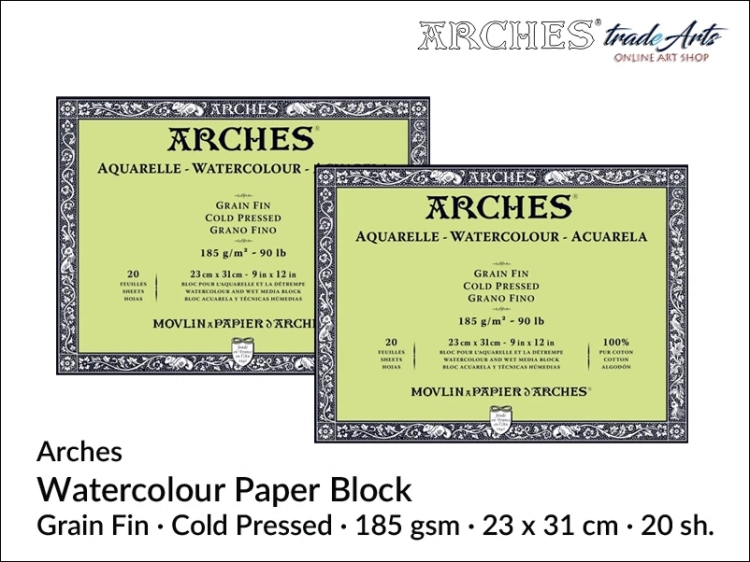 Blok akwarelowy Arches Aquarelle Cold Pressed 185 gsm 23x31 cm,  Arches Watercolour Block Cold Pressed 185 gsm 23x31 cm,  Arches Aquarelle Block CP 23x31 cm, blok akwarelowy prasowany na zimno Arches, bloki akwarelowe, Arches,