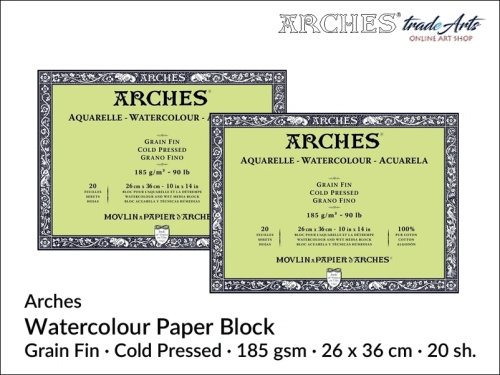 Blok akwarelowy Arches Aquarelle Cold Pressed 185 gsm 26x36 cm,  Arches Watercolour Block Cold Pressed 185 gsm 26x36 cm,  Arches Aquarelle Block CP 26x36 cm, blok akwarelowy prasowany na zimno Arches, bloki akwarelowe, Arches,