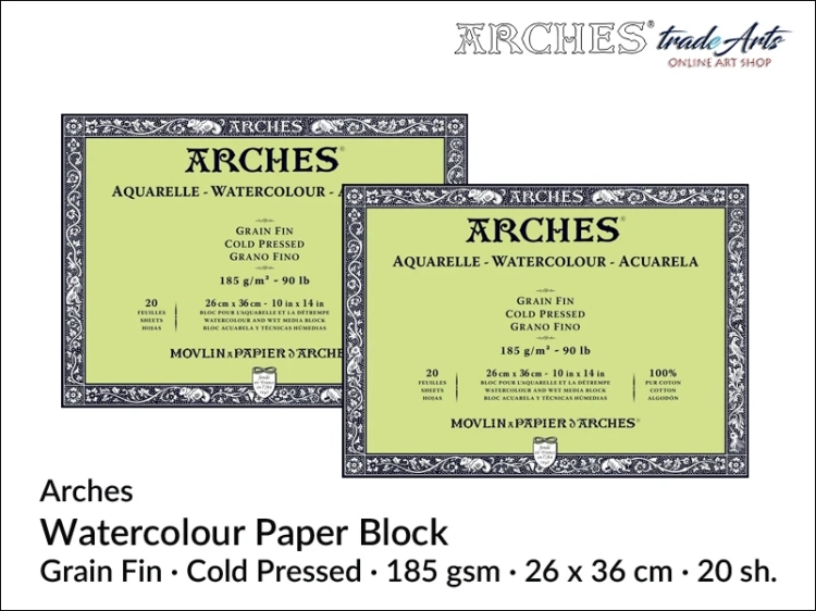 Blok akwarelowy Arches Aquarelle Cold Pressed 185 gsm 26x36 cm,  Arches Watercolour Block Cold Pressed 185 gsm 26x36 cm,  Arches Aquarelle Block CP 26x36 cm, blok akwarelowy prasowany na zimno Arches, bloki akwarelowe, Arches,