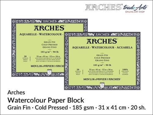 Blok akwarelowy Arches Aquarelle Cold Pressed 185 gsm 31x41 cm,  Arches Watercolour Block Cold Pressed 185 gsm 31x41 cm,  Arches Aquarelle Block CP 31x41 cm, blok akwarelowy prasowany na zimno Arches, bloki akwarelowe, Arches,