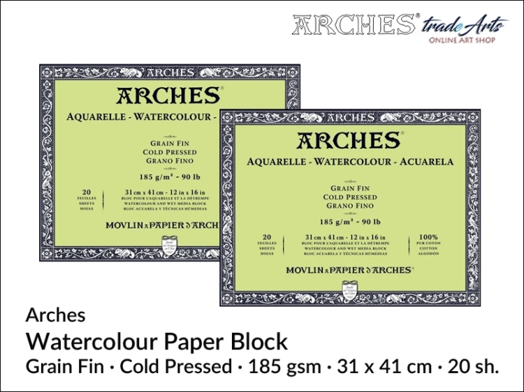 Blok akwarelowy Arches Aquarelle Cold Pressed 185 gsm 31x41 cm,  Arches Watercolour Block Cold Pressed 185 gsm 31x41 cm,  Arches Aquarelle Block CP 31x41 cm, blok akwarelowy prasowany na zimno Arches, bloki akwarelowe, Arches,