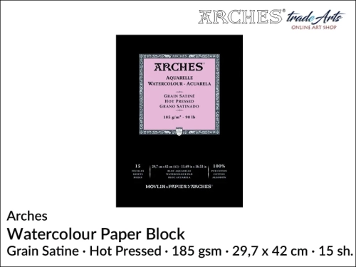 Pad akwarelowy Arches Hot Pressed 185 gsm A3,  Arches Watercolour Pad Grain Satine HP A3,  Arches Aquarelle Pad Grain Satine HP A3, pad akwarelowy prasowany na gorąco Arches, pady akwarelowe, Arches,